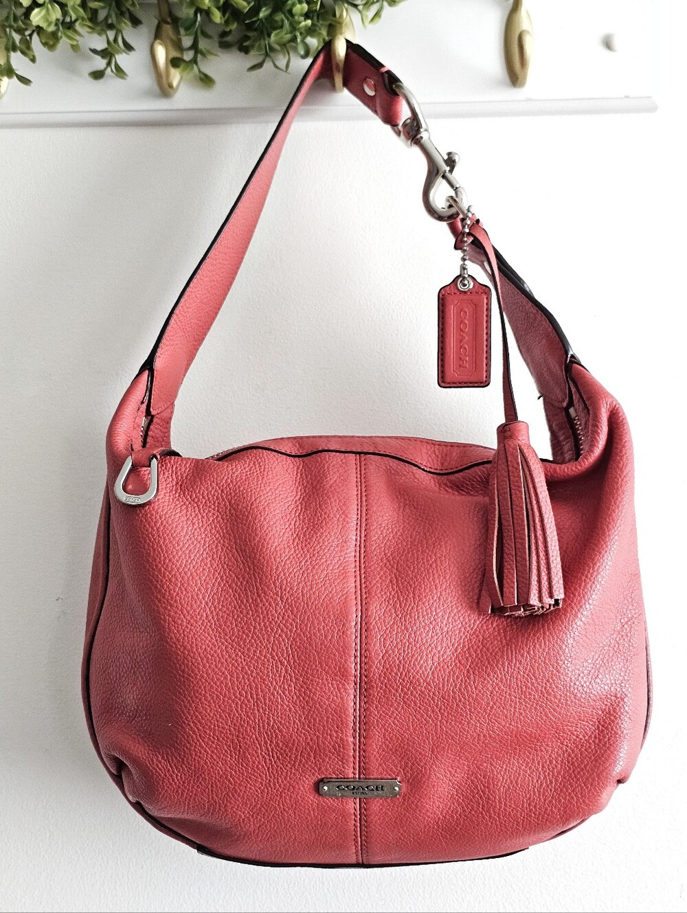 Coach Avery F23960 Coral Pebbled Leather Medium Hobo Shoulder Bag Tassel Hangtag